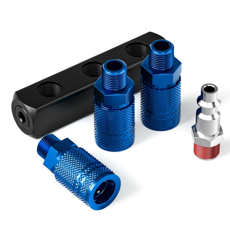 TAISHER 3-Way Straight Air Manifold 4 Ports Aluminum Industrial Pneumatic Air Compressor Quick Connect Socket In Line Type Air Hose Splitter with 3 Couplers and 1/4" Male NPT Plug - Image 2